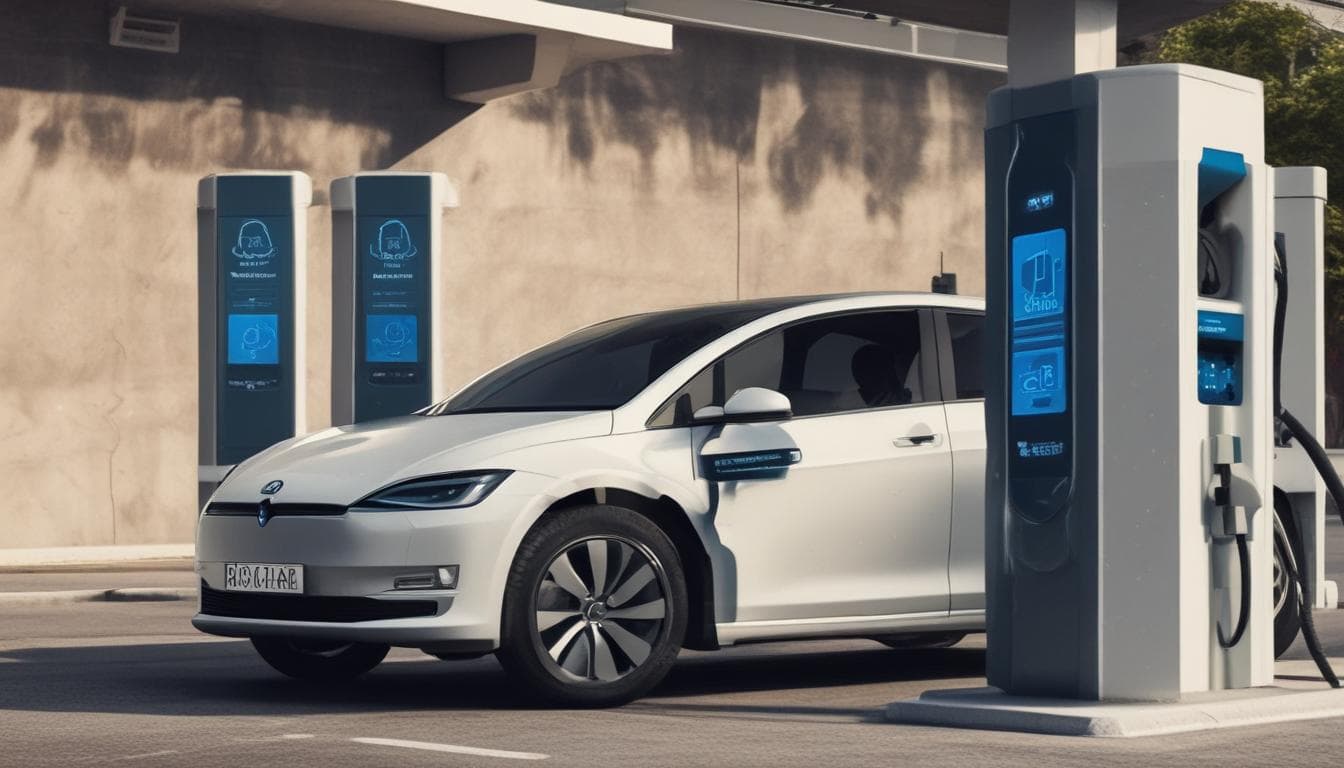 Imagem de um carro elétrico sendo carregado em uma estação de carregamento.