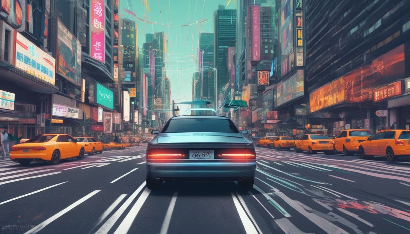 一辆自动驾驶汽车在复杂的城市交通中行驶,突出显示神经形态芯片正在处理来自各种传感器的数据