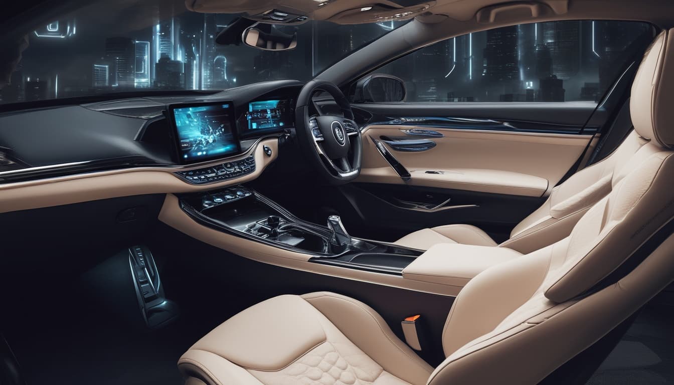 Futuristic car interior with driver using gesture controls to adjust infotainment