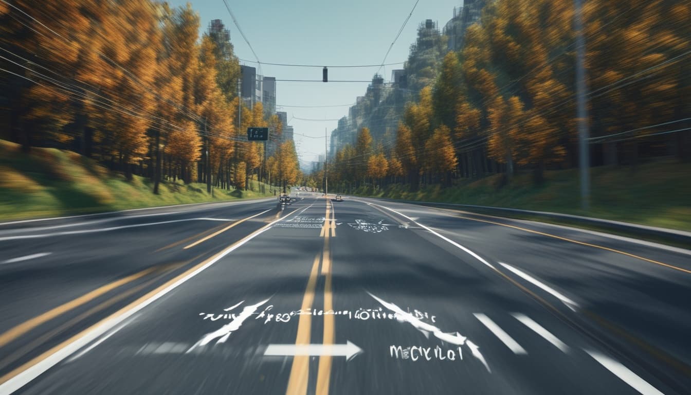 View through an AR windshield showing navigation arrows overlaid on the road and hazard warnings