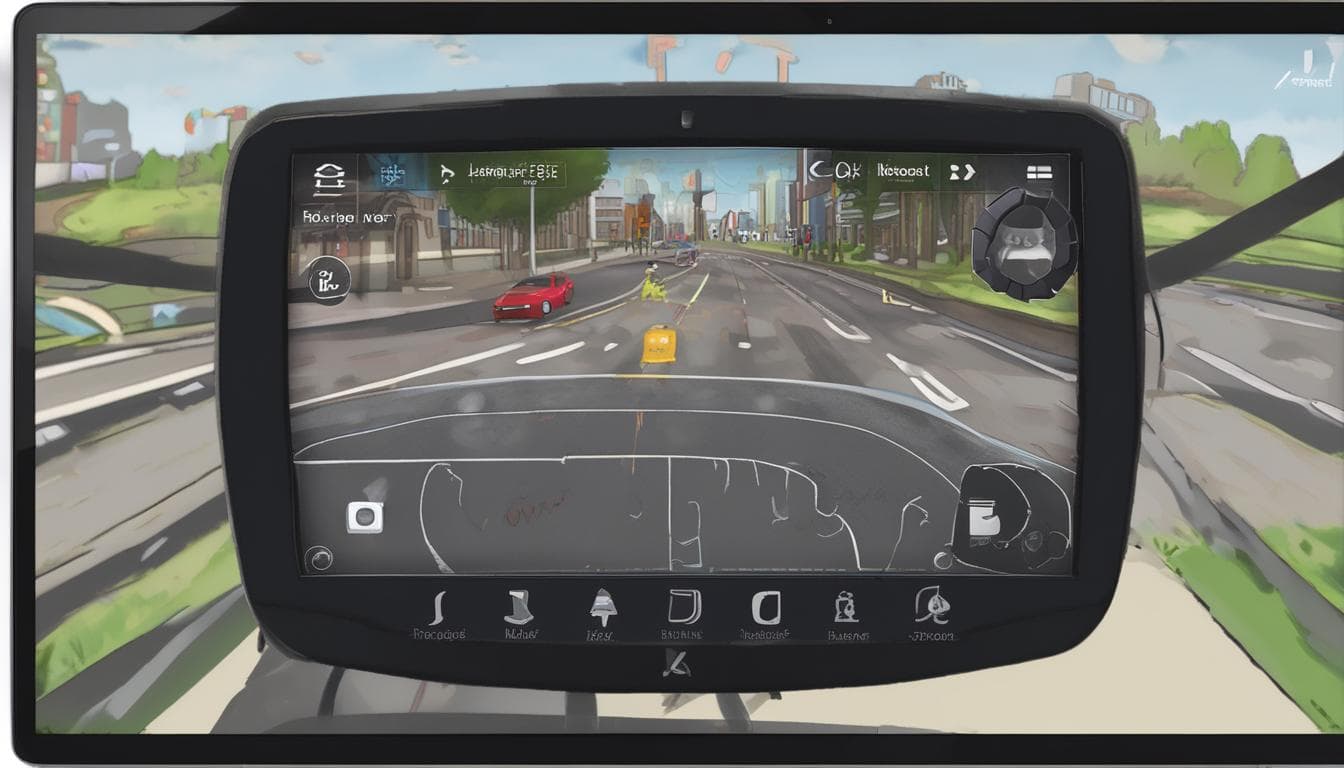 Placeholder image: Interface de jeu vidéo sur l'écran d'un système d'infodivertissement automobile