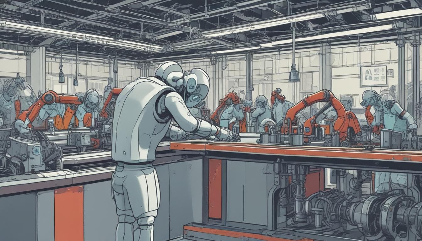 Imagem de um cobot trabalhando ao lado de um humano em uma linha de montagem