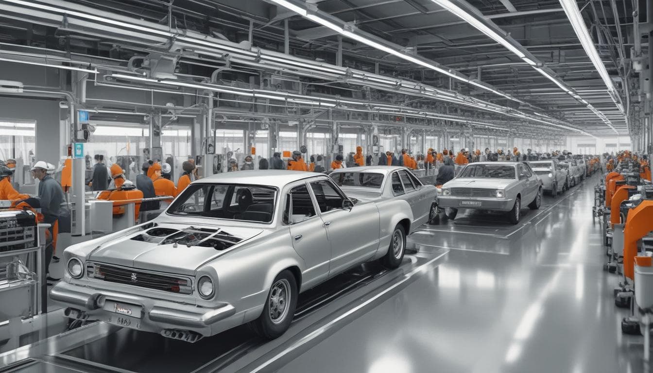 Imagem de uma linha de montagem flexível produzindo diferentes modelos de veículos
