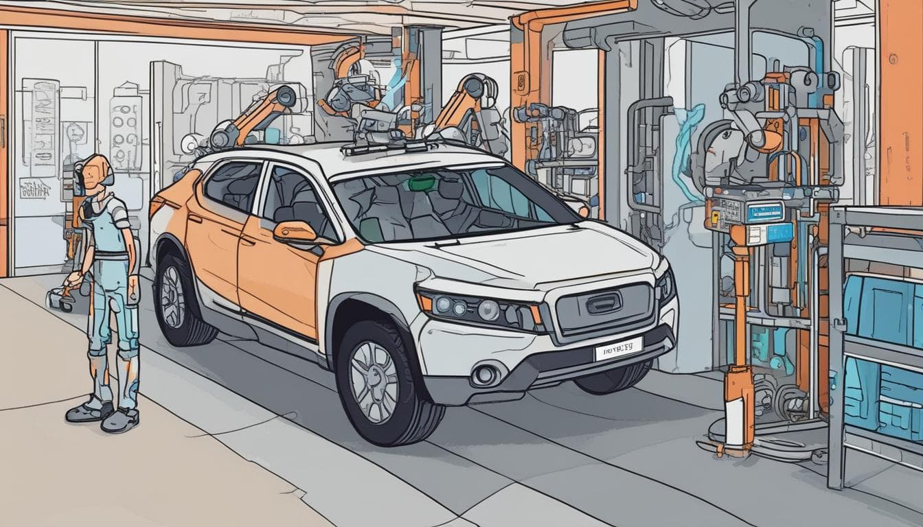 Imagem de um robô colaborativo trabalhando com um humano na linha de produção de um veículo