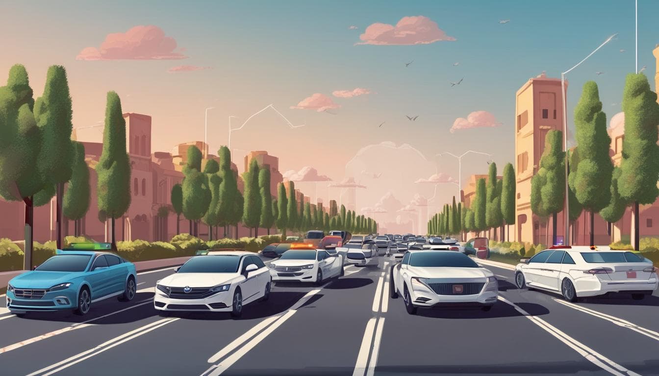 صورة توضح مجموعة من السيارات ذاتية القيادة تسير على الطريق