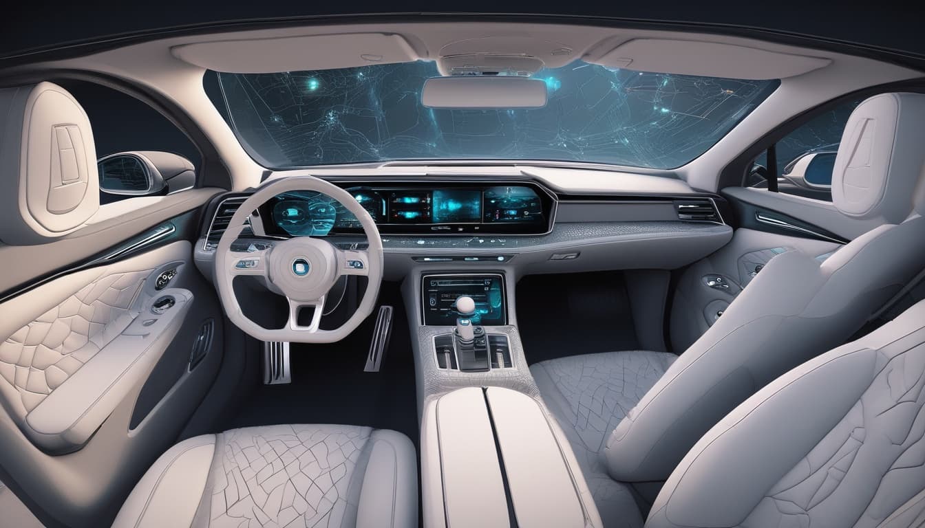 Illustration of a futuristic car cabin with neuromorphic-powered HMI