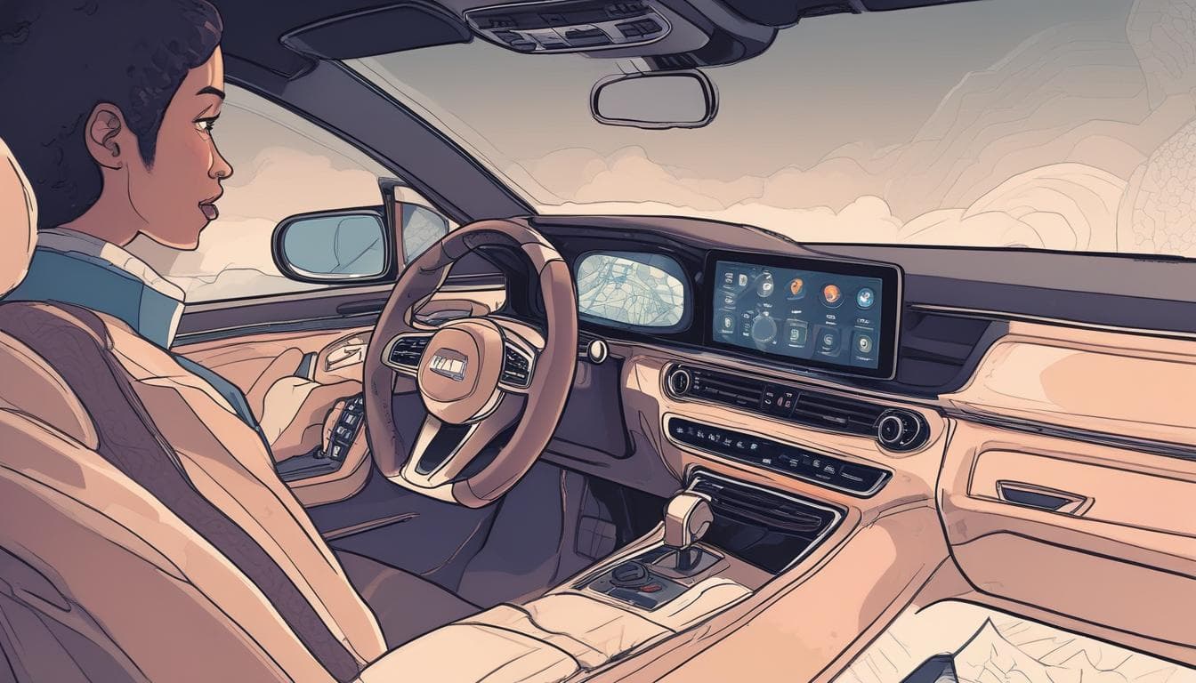 Image placeholder: A driver interacting with a personalized infotainment system in a modern car.