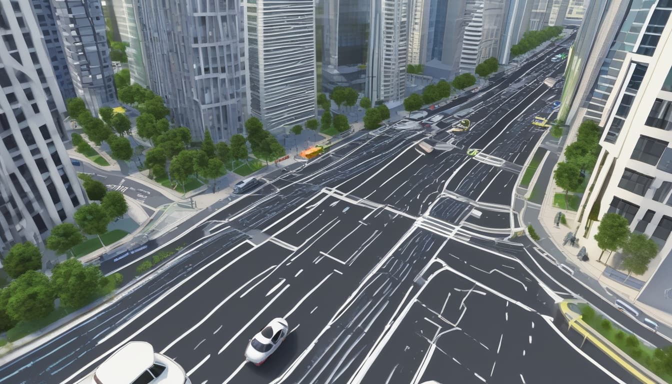 展示自动驾驶汽车在包含复杂交叉口和多种交通参与者的虚拟城市环境中进行测试的仿真界面