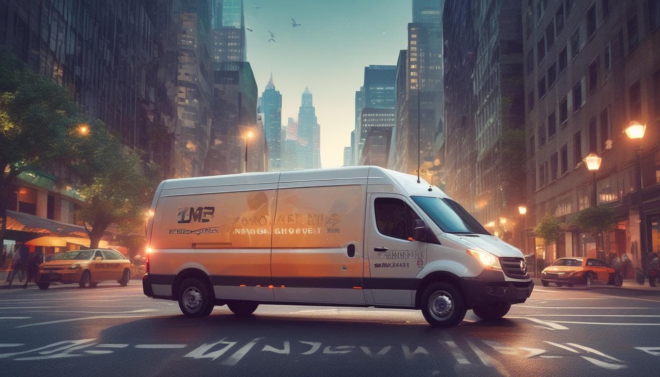 Autonomous delivery van navigating a city street