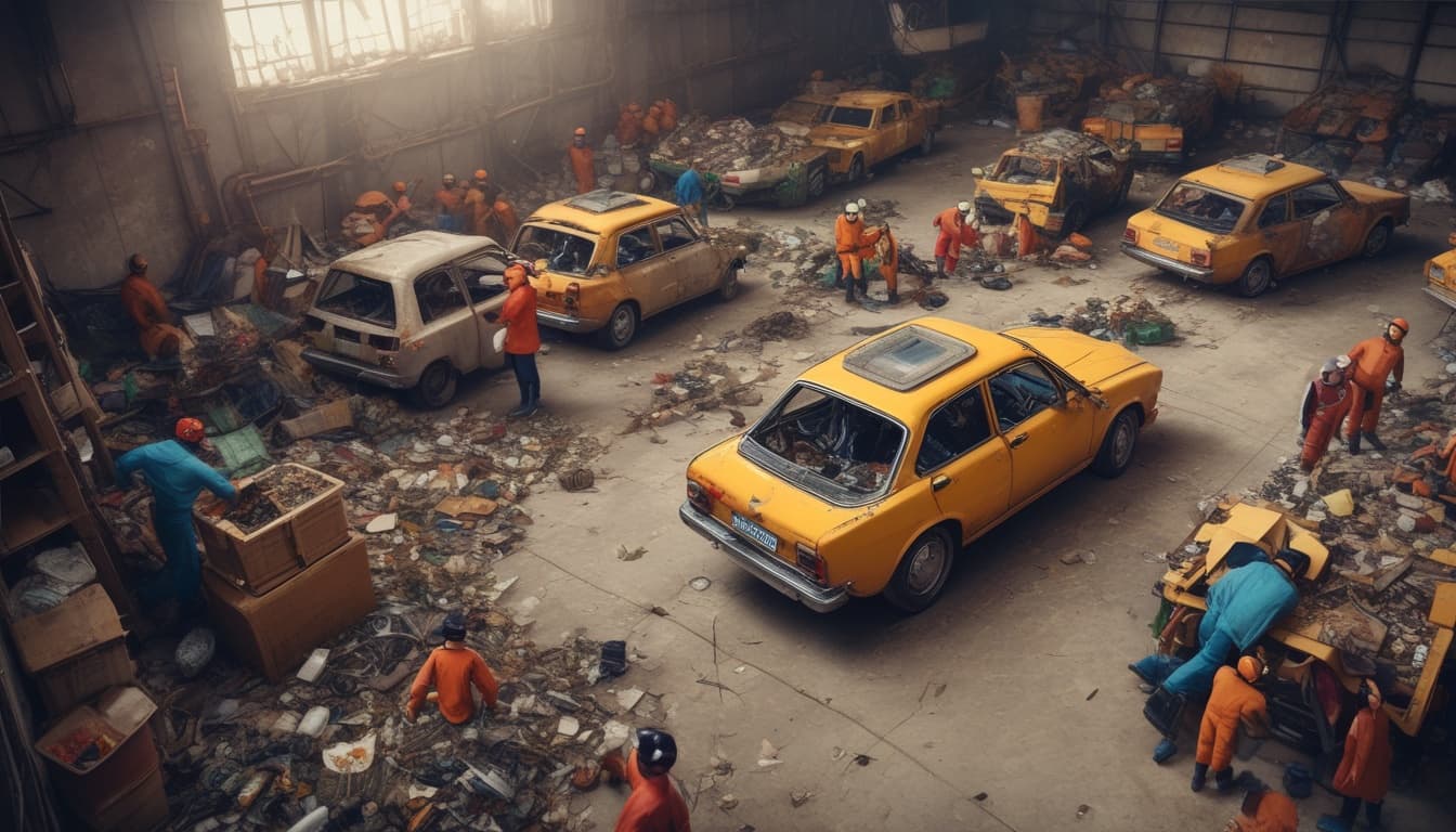 عمال في مصنع لإعادة تدوير السيارات يفرزون المكونات المختلفة