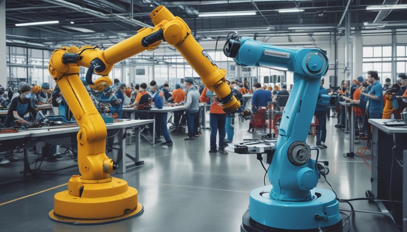 Immagine di un robot collaborativo che lavora a fianco di un operaio in una fabbrica automobilistica