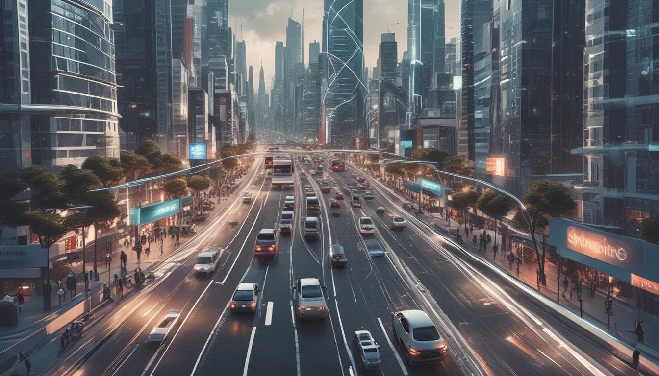 Imagen futurista de una ciudad con vehículos autónomos