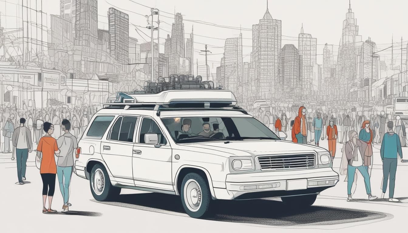 Imagen de personas interactuando con un vehículo autónomo