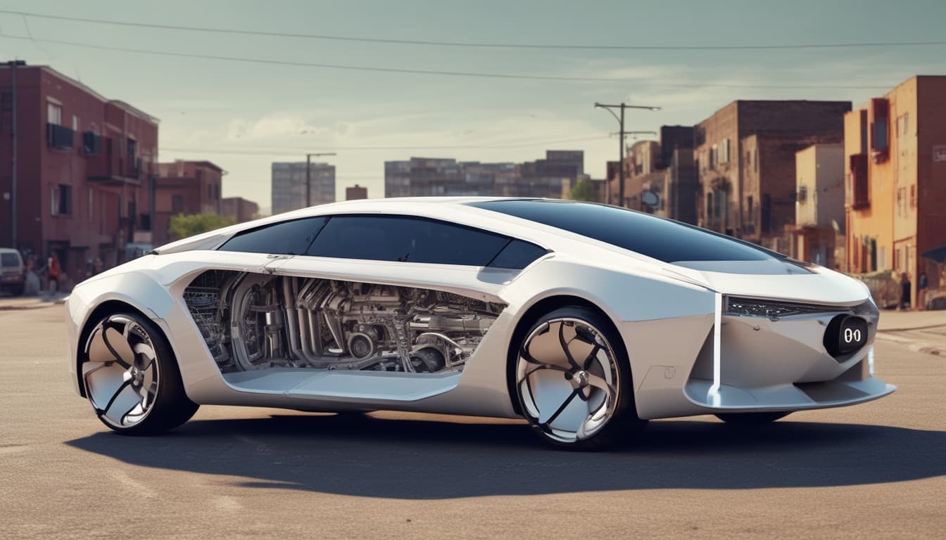 Concepto artístico de un coche futurista con carrocería de material inteligente y autoreparable