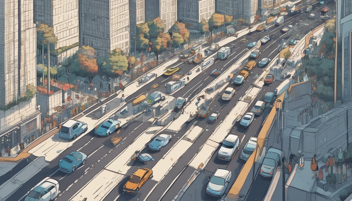 未来都市を走行する自動運転車と、その車内で人々が様々な活動をしているイメージ