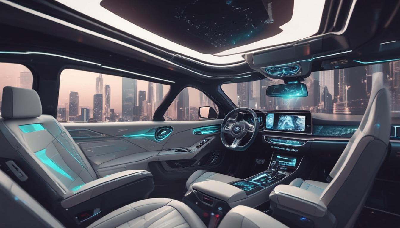 Image: A futuristic car interior with holographic displays