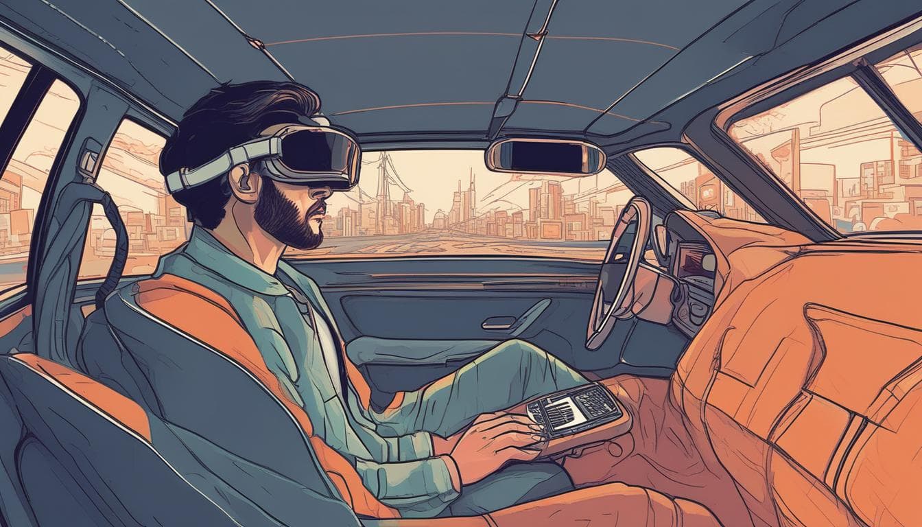 Ilustração de um passageiro usando um headset VR em um carro autônomo