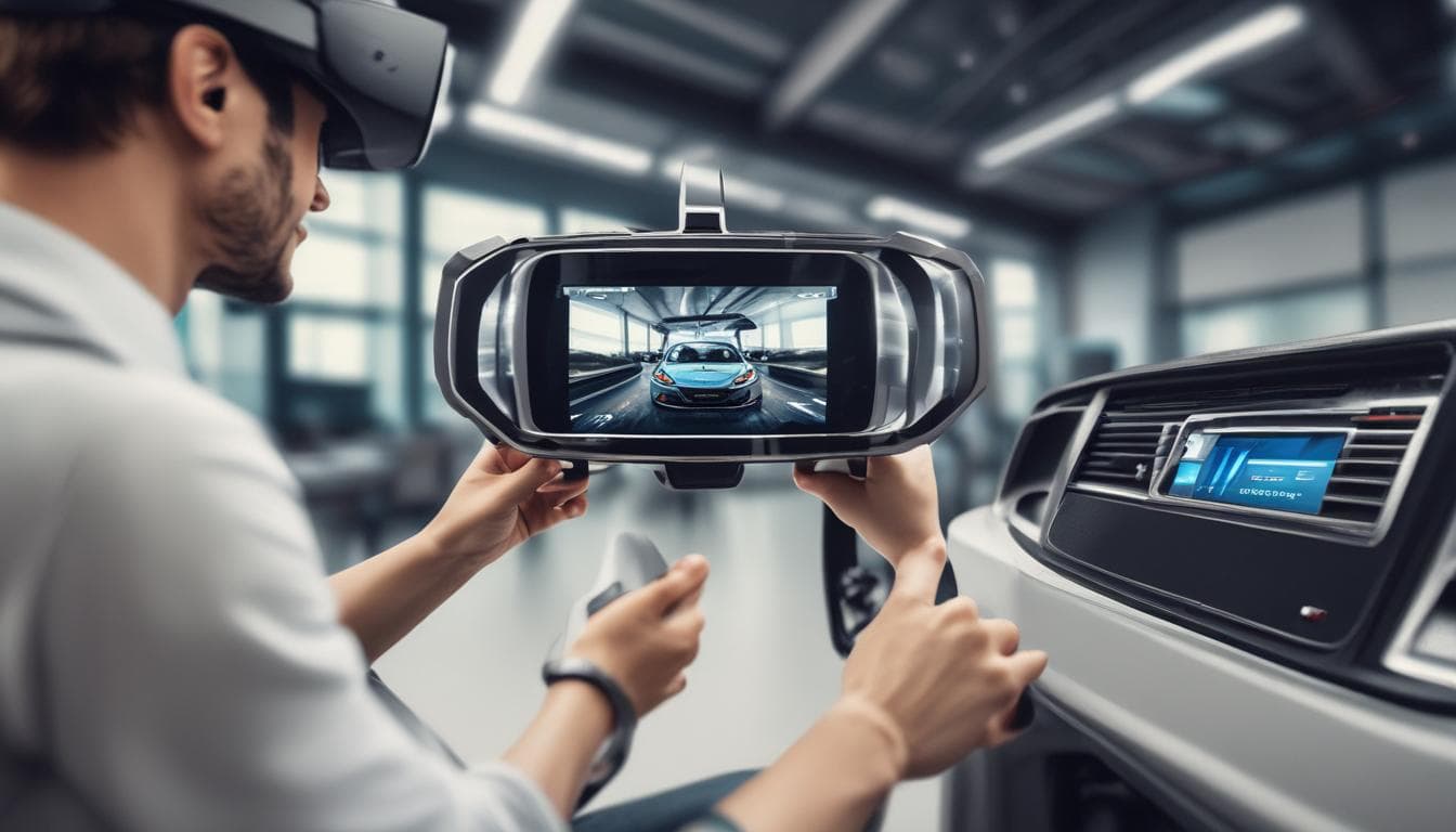 Alt text: Kunde erlebt eine virtuelle Probefahrt mit einem VR-Headset.