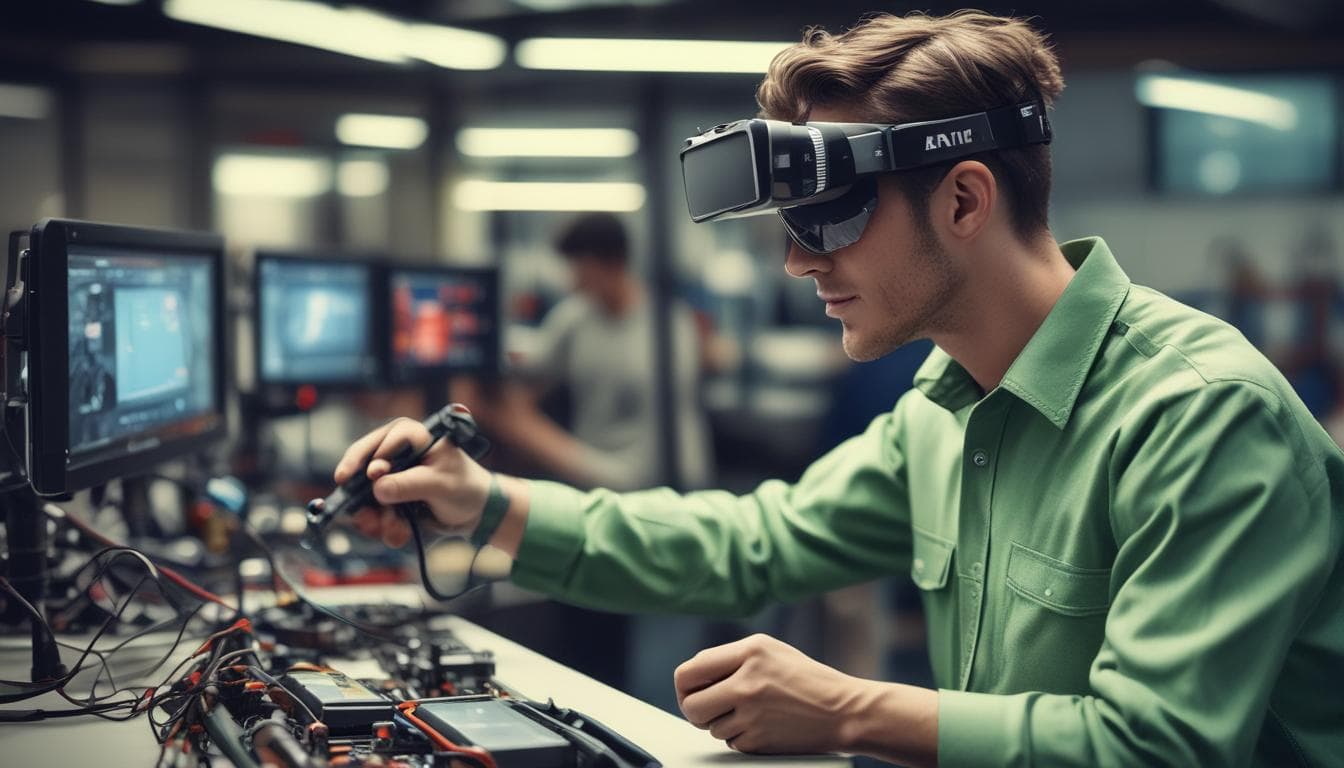 Alt text: Techniker verwendet eine AR-Brille, um Reparaturanweisungen anzuzeigen.