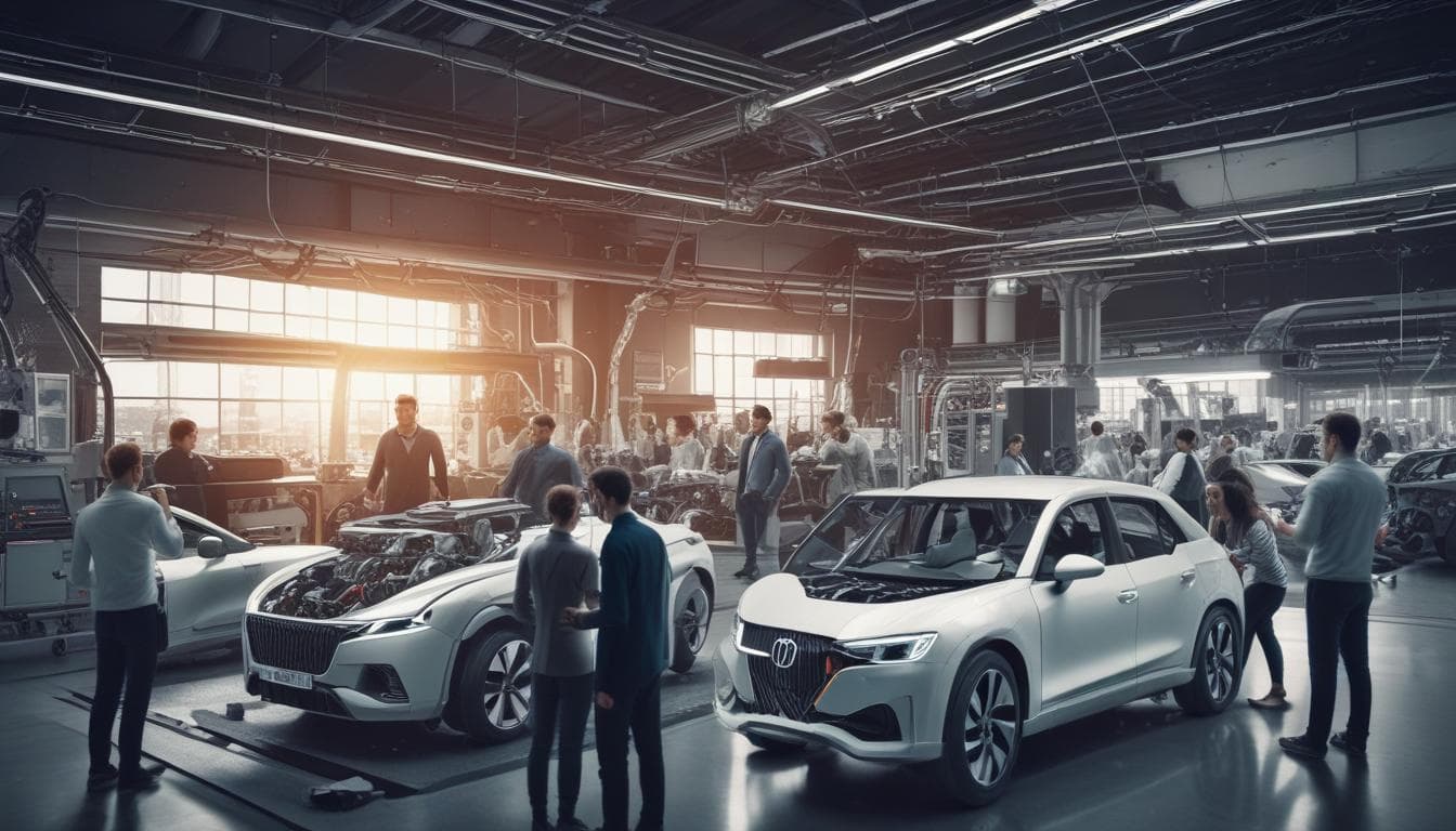 Alt text: Ingenieure arbeiten gemeinsam an einem virtuellen Fahrzeugmodell mithilfe von AR.