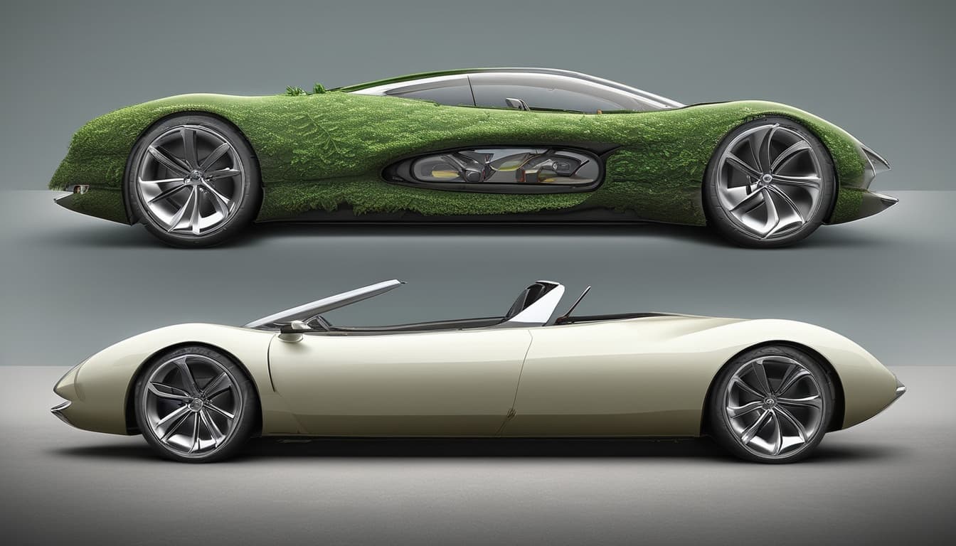 Imagem de um carro conceito com design biomimético ou comparação lado a lado com a inspiração natural