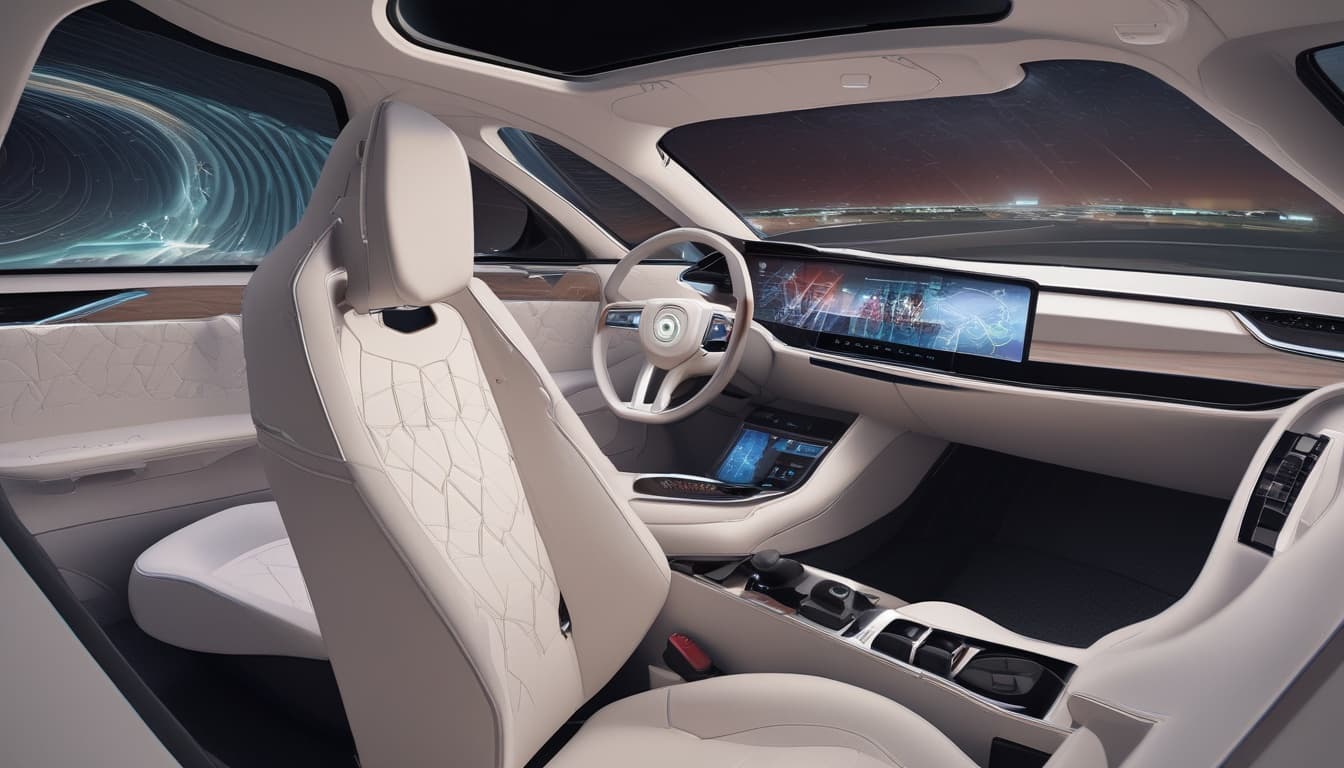 Концептуальное изображение интерьера автономного автомобиля с гибкими HMI-решениями для работы и развлечений