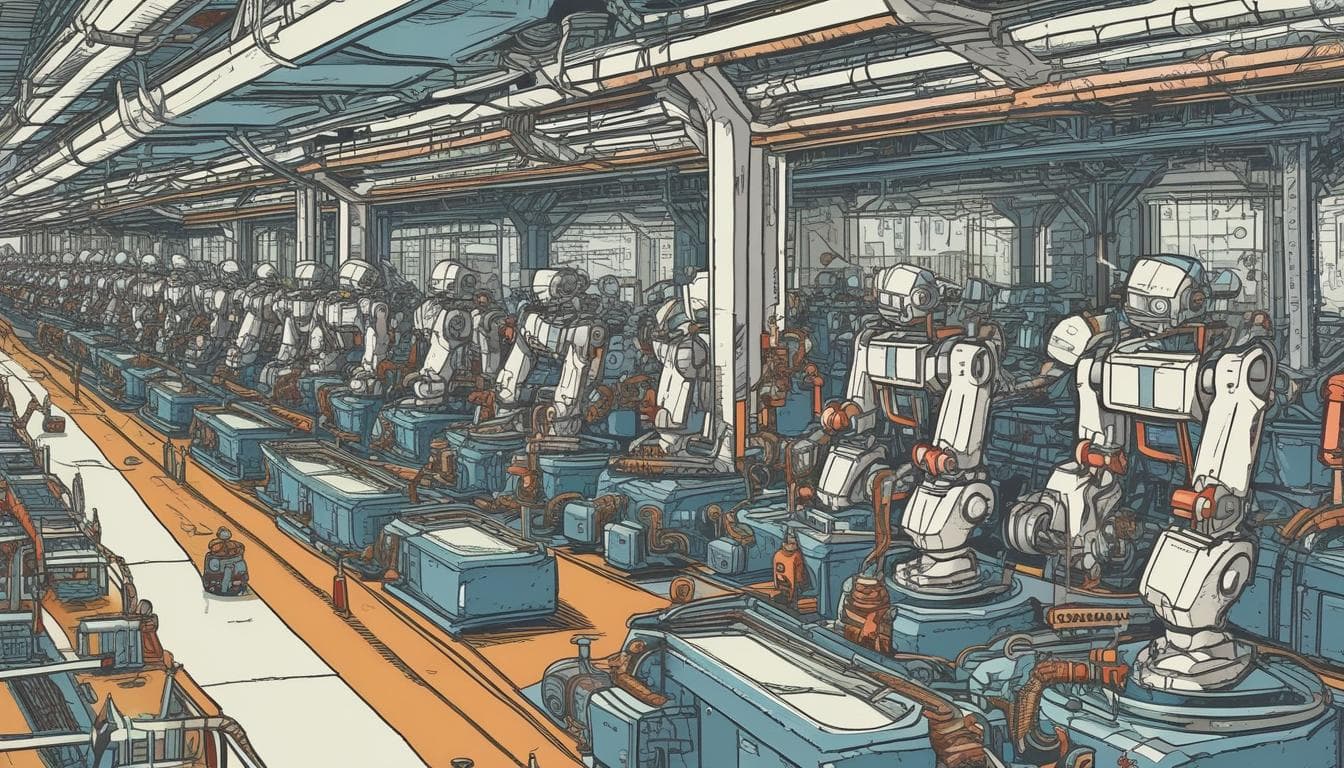 자동차 조립 라인에서 작업하는 로봇의 이미지